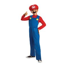 a man in a blue and red mario costume is giving the thumbs up while standing with his hands on his hips