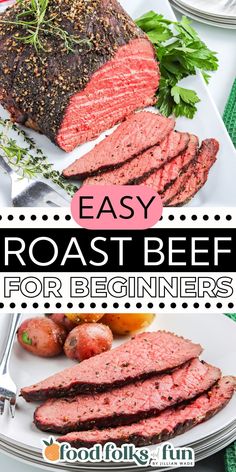 easy roast beef for beginners on a plate with potatoes and parsley in the background