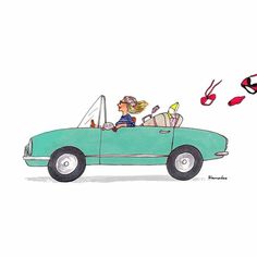 a drawing of two people in a green convertible car with spider - man flying overhead