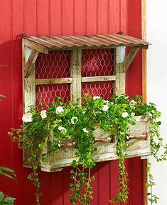 an old window is filled with flowers and greenery in front of a red wall