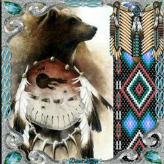 an image of a bear with feathers on it's head and another native american design