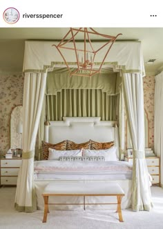 a canopy bed in a bedroom with floral wallpaper on the walls and curtains around it