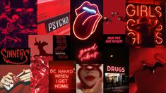 a collage of images with neon signs and other things in the background that are red