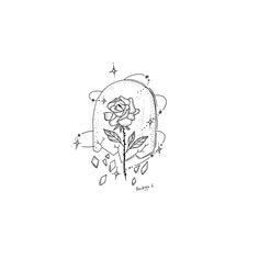 a black and white drawing of a rose in a glass dome with diamonds around it