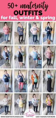 a collage of photos with the words 50 + maternity outfits for fall, winter and spring