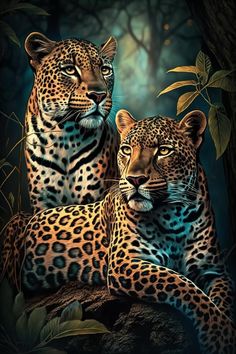 two leopards sitting next to each other in the woods