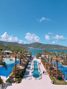 an outdoor swimming pool surrounded by palm trees