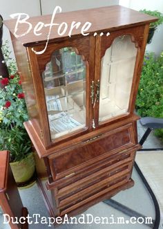 an old wooden china cabinet with the words before written on it and flowers in front