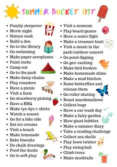 the summer bucket list for kids with pictures and words to help them learn how to use it