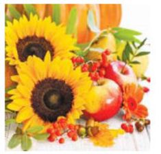 sunflowers, apples and berries are arranged on a white table with pumpkins