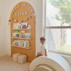 Read More Books Sign - Reading Nook Ideas + Inspiration | CraftCuts.com Reading Corner In Nursery, Reading Corner In Playroom, Reading Nook Boys Room, Reading Area In Playroom, Book Wall Playroom, Nursery Book Nook, Nursery Book Ideas, Reading Corner Montessori, Toy Room Reading Corner