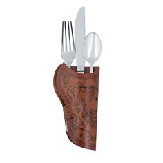 a knife, fork and spoon holder made out of brown leather with floral designs on it