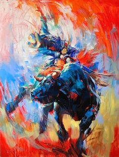 a painting of two people riding on the back of a blue bull in front of an orange and red background