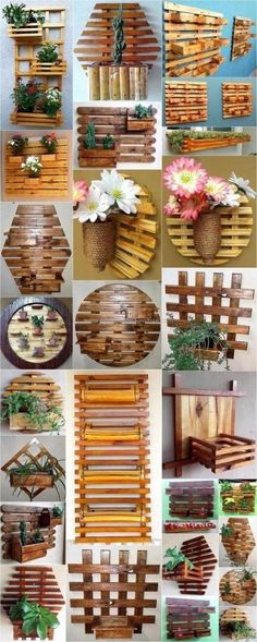 many different types of wooden pallets with flowers in them