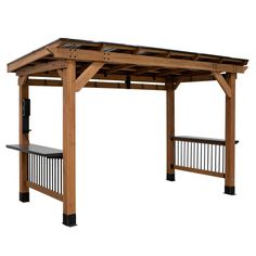 a wooden gazebo with benches underneath it