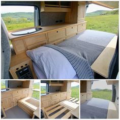 the interior of a camper with multiple pictures of bed, kitchen and living area