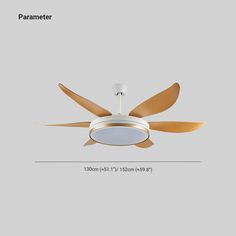 a ceiling fan with three wooden blades and two light bulbs on the bottom, one is white