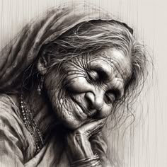 a drawing of an old woman with her hands on her face