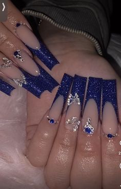 Royal Blue Prom Nails, Nails With Stars, Blue Prom Nails, Nails For Wedding, Quince Nails, Blue And Silver Nails, Quinceanera Nails, Royal Blue Nails, Dark Blue Nails