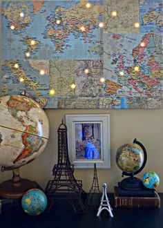 a world map is hanging on the wall