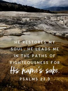 a bible verse with the words he restores my soul, he leads me in the paths of righteousness for his name's sake