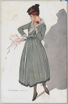 a drawing of a woman wearing a dress and hat with flowers in her hand while standing next to a wall