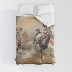 a bed with a painting on the side of it and two people riding horses next to each other