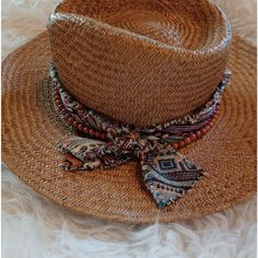 New No Tag Boho Bandana And Bead Adorned Comes 57cm Adjust Within Casual Beaded Hat Bands For Festivals, Casual Beaded Hats With Flat Brim, Casual Beaded Flat Brim Hat, Brown Bohemian Panama Hat For Summer, Brown Beach Hat One Size, Brown One-size Beach Hat, One Size Brown Beach Hat, Brown Beach Hat, One Size, Brown Wide Brim Straw Hat One Size