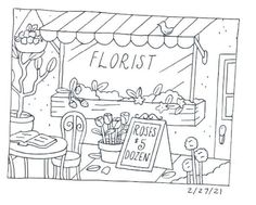 a black and white drawing of flowers in front of a flower shop with the words florist on it