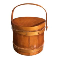 an old wooden bucket with handle on white background