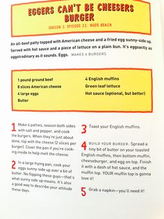 the recipe for eggs can't be cheesers burger is shown in red and yellow