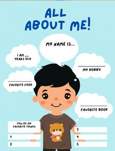 a poster with the words all about me and an image of a boy holding a teddy bear