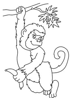 a monkey hanging from a tree branch with leaves on it's back, coloring page