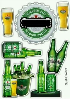 various beer bottles and glasses are shown in this graphic art piece, which includes the logo for heineken beer