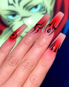 Anime-inspired nails featuring vibrant designs and characters, perfect for anime fans looking to showcase their passion through creative nail art. Sukuna Blushing, Sukuna Nails Design, Jujutsu Kaisen Nails Design, Sukuna Markings, Symbol Nails, Ninja Nails, Sukuna True From, Soul Eater Nails, Deadpool Nails