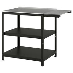 a black shelf with two shelves on each side and a white top in the middle