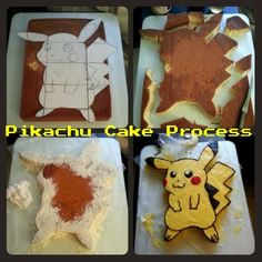 four different types of pokemon cakes on trays with the words pikachu cake process