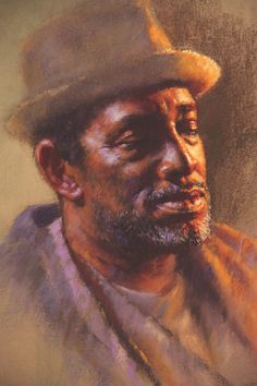 a pastel drawing of a man with a hat and coat on, looking to his left