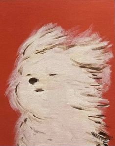 a painting of a dog's head with long white hair on a red background