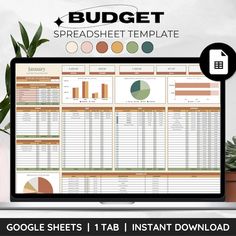 the budget spreadsheet template is displayed on a computer screen with plants and potted plant