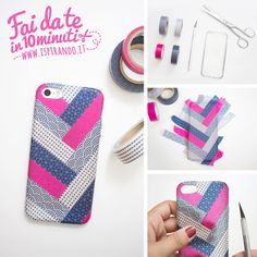 the collage shows how to make an iphone case with strips of tape and scissors