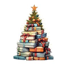 a christmas tree made out of books with presents around it and bows on the top