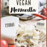 the ingredients for vegan mozzarella are shown in red and white letters, along with cherries