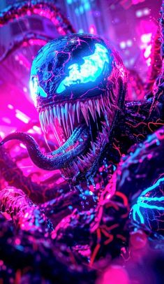 a close up of an alien creature in neon colors