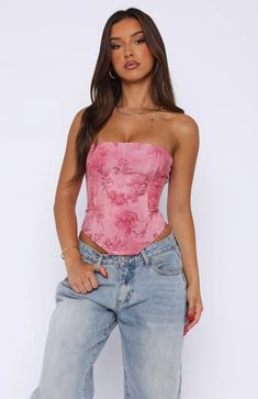 Let It Go Strapless Bustier Fuchsia Orchid | White Fox Boutique US Hot Dress Outfits, Hot Pink Outfit, Lace Bustier Top, Orchid White, Corset Styles, Low Rise Jean, Corset Outfit, Strapless Bustier, Corset Fashion