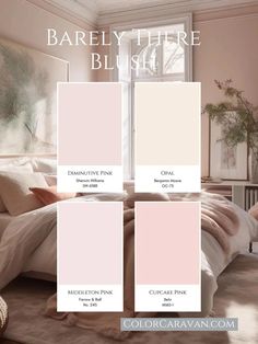 the bedroom is painted in pale pinks and neutrals, while the bed has been made