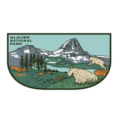 the glacier national park sticker is shown on a white background with mountains in the distance