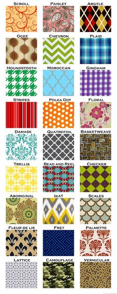 the pattern glossary app is open and shows different patterns, colors, and sizes