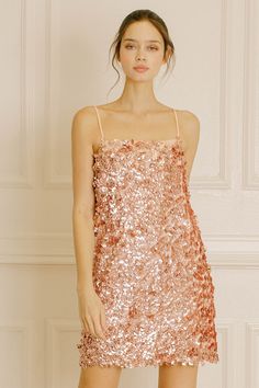 Sleeveless Sequin Overlay Mini Dress Brand: STORIA Style: SD1463-4 Fabric: 100% POLYESTER Details: Rose gold square sequin mini dress. It features a straight neckline, adjustable spaghetti straps, and a boxy silhouette. It also is underlined. Rose Gold Sequin Dress, Rose Gold Square, Tulle Mini Dress, Vegas Style, Corset Mini Dress, Mini Sweater Dress, Mini Velvet Dress, Pink Sequin, Sequin Mini