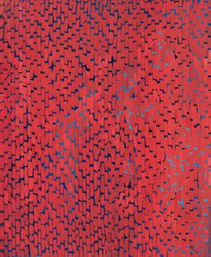 an abstract painting with blue and red squares on the bottom half of it, against a white background